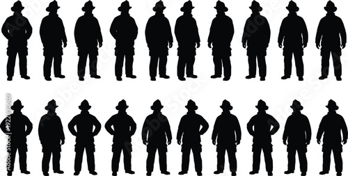 Firefighter silhouette lineup collection, multiple standing poses of emergency rescue workers isolated on white background, black firefighting uniform icon set for safety design