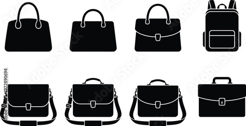 Handbag and briefcase silhouette collection with backpack and shoulder bag designs, black fashion accessory icons isolated on white background for business and travel
