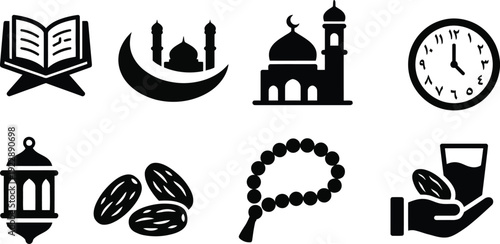A comprehensive collection of solid black silhouette icons featuring essential Islamic and Ramadan elements, including a mosque, crescent moon, Quran, dates, lantern, and prayer beads