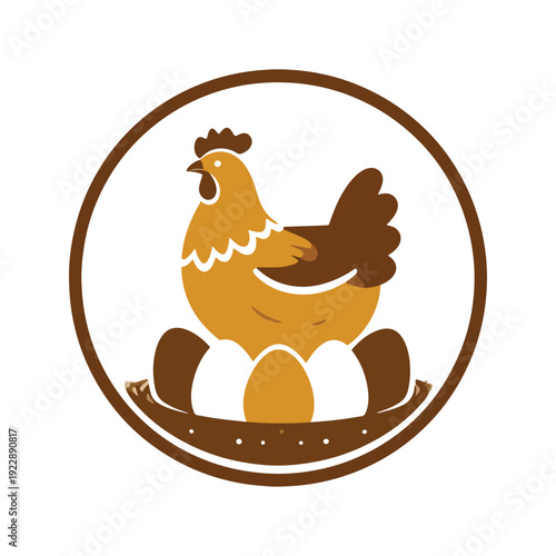 Charming flat design graphic of a contented hen guarding a nest of fresh white and golden eggs within a rustic circular border, symbolizing natural farm produce and wholesome nutrition.