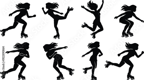 Roller skating girl silhouette collection in dynamic action poses, black female skater icons isolated on white background for sport, recreation, and fitness illustration set