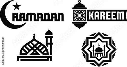 A collection of typographic badges and emblems for Ramadan. Features creative text integration with crescent moons, lanterns, and eight-pointed geometric stars in a sharp, black-and-white vector