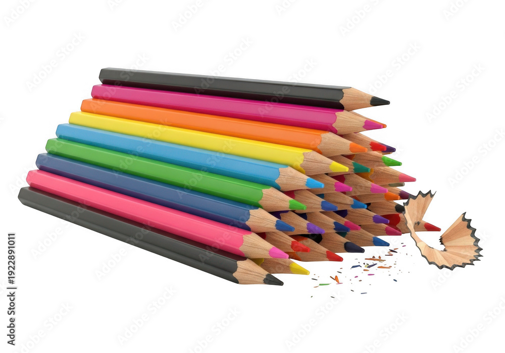 Fototapeta premium Vibrant stack of sharpened colored pencils with shaving, isolated on transparent background