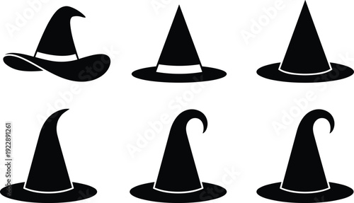 Witch hat silhouette collection with classic and curved designs, black Halloween costume icons isolated on white background for spooky holiday illustration set