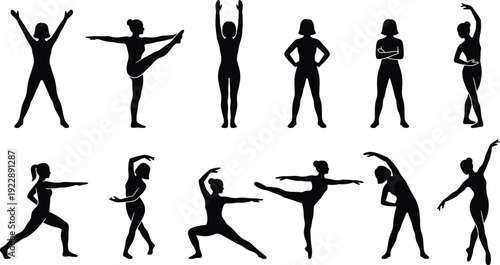 Woman fitness and dance silhouette collection in dynamic poses, black female yoga and workout figures isolated on white background illustration set