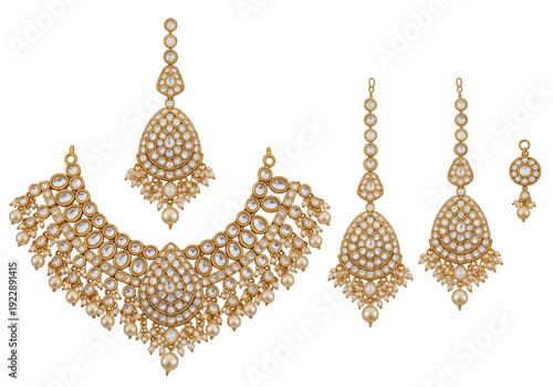 Elegant traditional gold-toned kundan and pearl bridal jewelry set isolated on transparent background