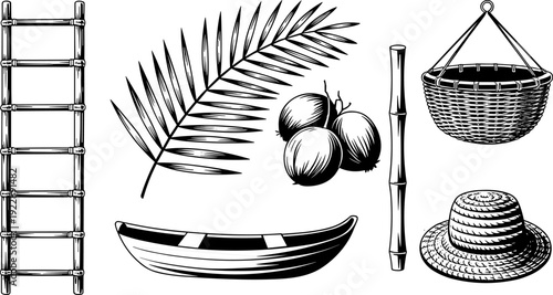 Tropical rustic silhouette illustration, bamboo ladder and pole, palm frond leaves, coconuts, woven basket, straw hat, wooden boat vector artwork