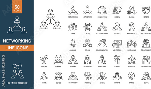 Set of 50 networking line icons with editable strokes for professional connection mentoring and global communication