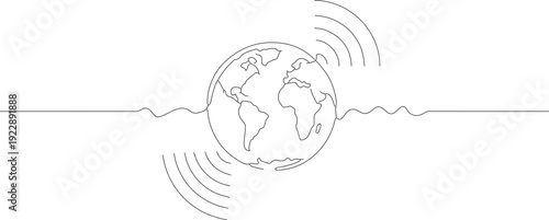 Simple Thin Line Earth Globe with Signal Wave Communication Icon Graphic