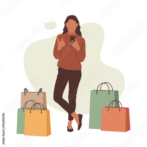 A woman standing with shopping bags in a colorful and vibrant illustration