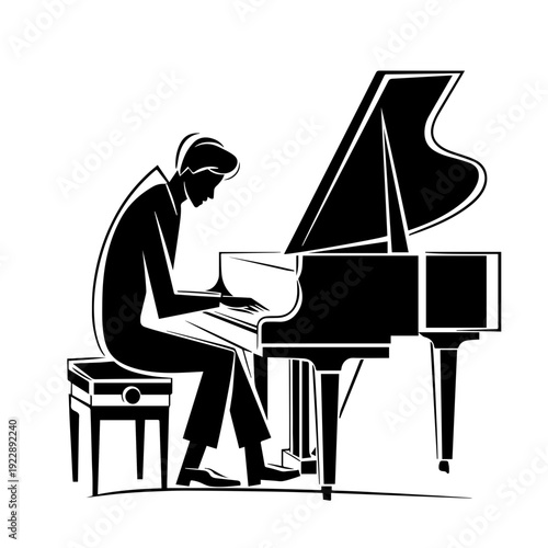 Pianist at piano in elegant abstract line, performing music. Musician silhouette focused on grand instrument, capturing artistry. Resource for music school, event, featuring pianist at piano concept.