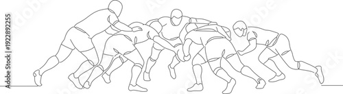 Continuous Line Drawing of Rugby Scrum Action Group of Players