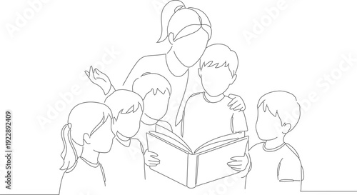 Outline Drawing Woman Reading Book to Group of Children Illustration