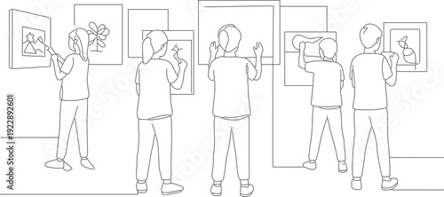 Minimalist Line Drawing Group of Children Observing Art in Gallery Museum