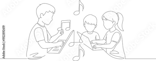 Continuous Line Drawing Students Learning Music Online with Laptop Illustration