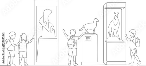 Line Art Children Observing Sculpture in Museum Illustration Artwork