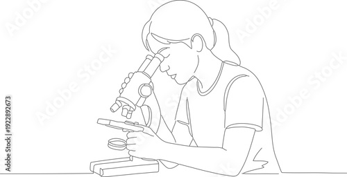 Monoline Illustration Young Girl Using Microscope in Science Laboratory