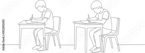 Minimalist Line Art of Student Studying at Desk Education Illustration