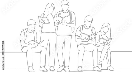 Line Drawing Students Reading Book Together in Group Illustration