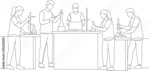 Line Art Detailed Student Doing Chemistry Experiment in Laboratory Illustration