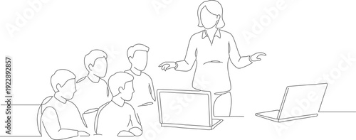 Continuous Line Illustration Meeting with Businesswoman and Laptop Devices