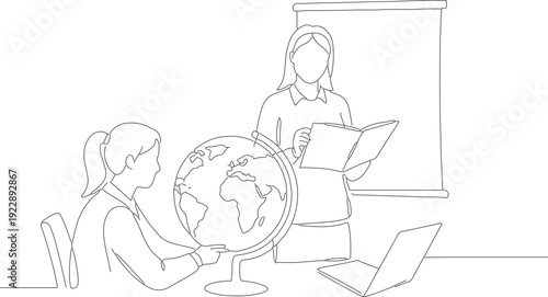Outline Continuous Line Drawing Teacher Explaining Geography to Student Classroom