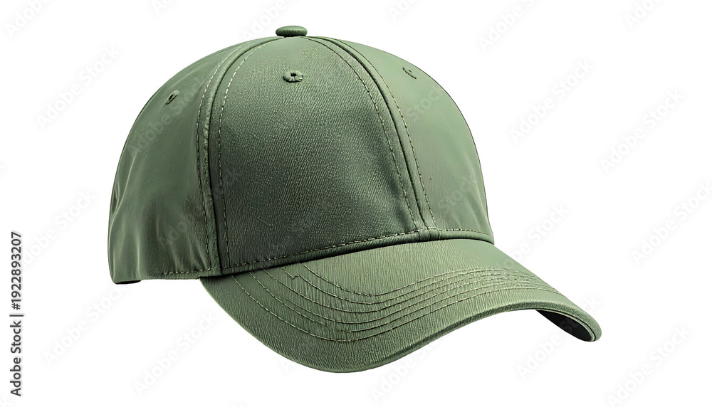 Fototapeta premium Olive green baseball cap isolated on black background, detailed stitching visible