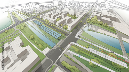 Cityscape Design: An artistic aerial depiction showcasing a modern cityscape, highlighting integrated infrastructure and urban planning in a dynamic urban scene.