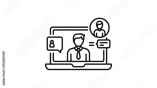 Online Interview and Recruitment Line Icon – Virtual Meeting, HR Hiring, Video Call Candidate Outline Illustration