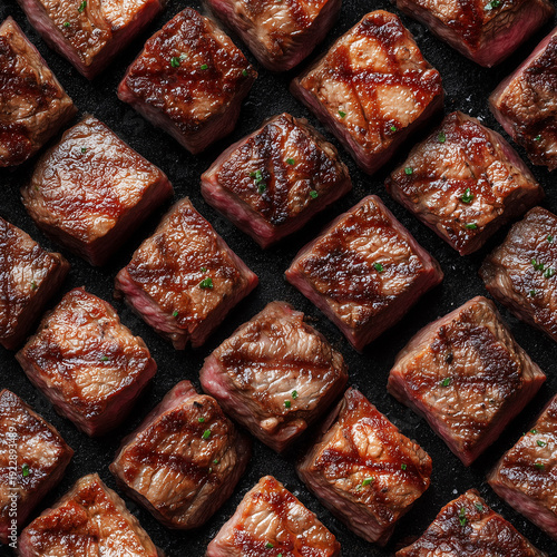 Seamless pattern of cubed cooked beef for infinite repeating backgrounds or textures