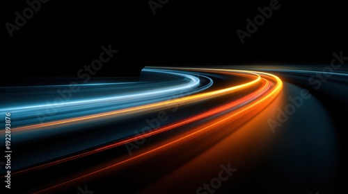 Abstract Orange Blue Light Trails Motion, Futuristic Speed Curves, Modern Digital Technology Background Design Energy
