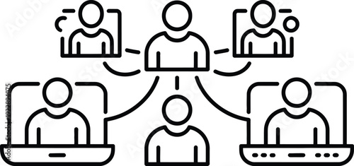 Remote Team Collaboration Line Icon – Online Meeting, Video Conference, Work From Home Outline Illustration