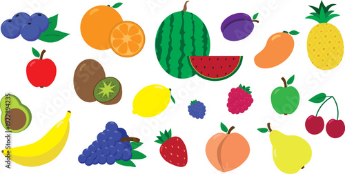 Flat vector set of colorful fruits, Fresh healthy food icon collection. Simple illustration in modern cartoon style for design, packaging, menus, children's apps and healthy lifestyle concepts.