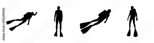 Scuba Diver Silhouettes in Various Poses Vector Illustration