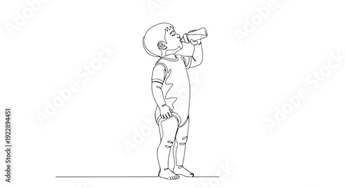 Continuous line drawing of a baby or toddler drinking from a bottle, symbolizing hydration, childhood, and simple innocence