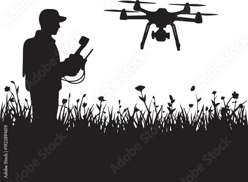 Man operating drone with remote control in grassy field