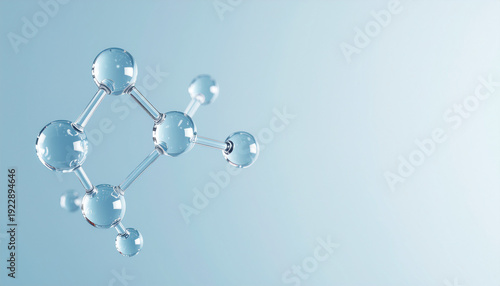 A 3D rendering of a complex molecular model with clear, glassy spheres linked by rods, floating against a soft gradient, Abstract molecular structure with transparent spheres 