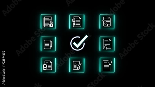 Neon glowing document verification blockchain network with digital check mark icon showing secure data validation system, online approval process, and cyber security technology concept 4k animated.
