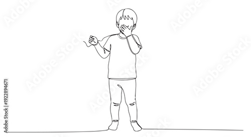 Minimalist continuous line art drawing of a shy or sad young child, depicting a moment of vulnerability and childhood emotion with a simple aesthetic