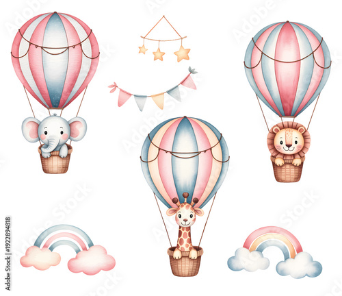 Safari animals floating in hot air balloons. whimsical baby party clipart with rainbow and floating baskets.
