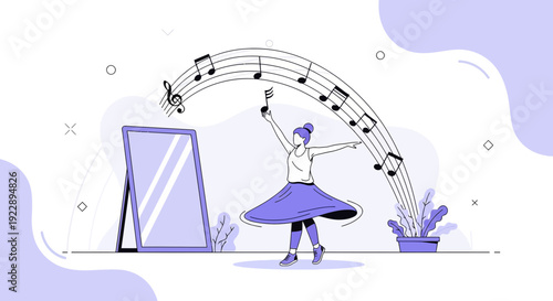 Young Woman Dancing Joyfully with Music Notes and Mirror