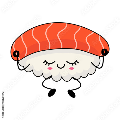 Cute sushi with salmon in meditation pose. Isolated on a transparent background.