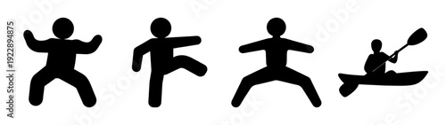 People Practicing Martial Arts and Paddling a Canoe Silhouette Set flat design vector illustration