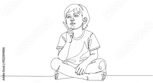 Continuous line art illustration of a pensive child enjoying a sweet lollipop, captured in a minimalist style, evoking childhood contemplation and simple pleasures