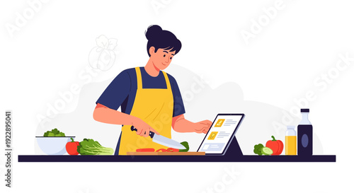 Young Woman Cooking with Tablet, Healthy Food Preparation, Online Recipe