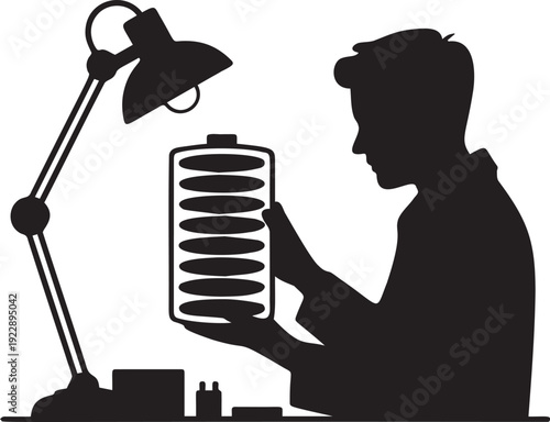 Person holding large battery near desk lamp