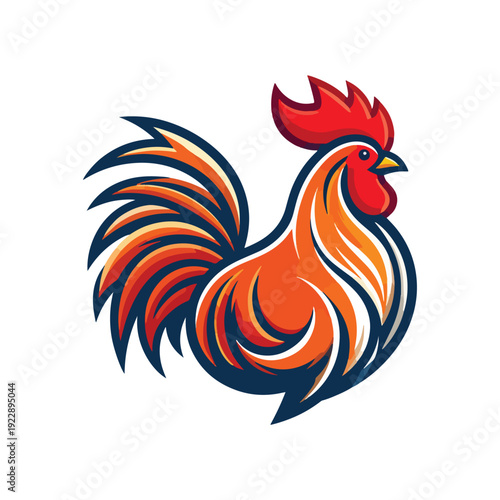 Vibrant, stylized rooster with striking red comb and feathery tail, depicted in a bold graphic art style with sharp lines and contrasting colors on a white background, representing farm life