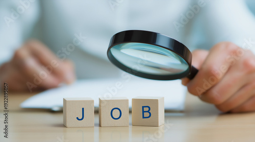 Job search concept with person holding a magnifying glass over wooden blocks