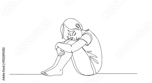 Lonely child sitting in a fetal position, expressing sadness and isolation through a simple line drawing