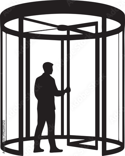 Man silhouette entering revolving door on transparent background